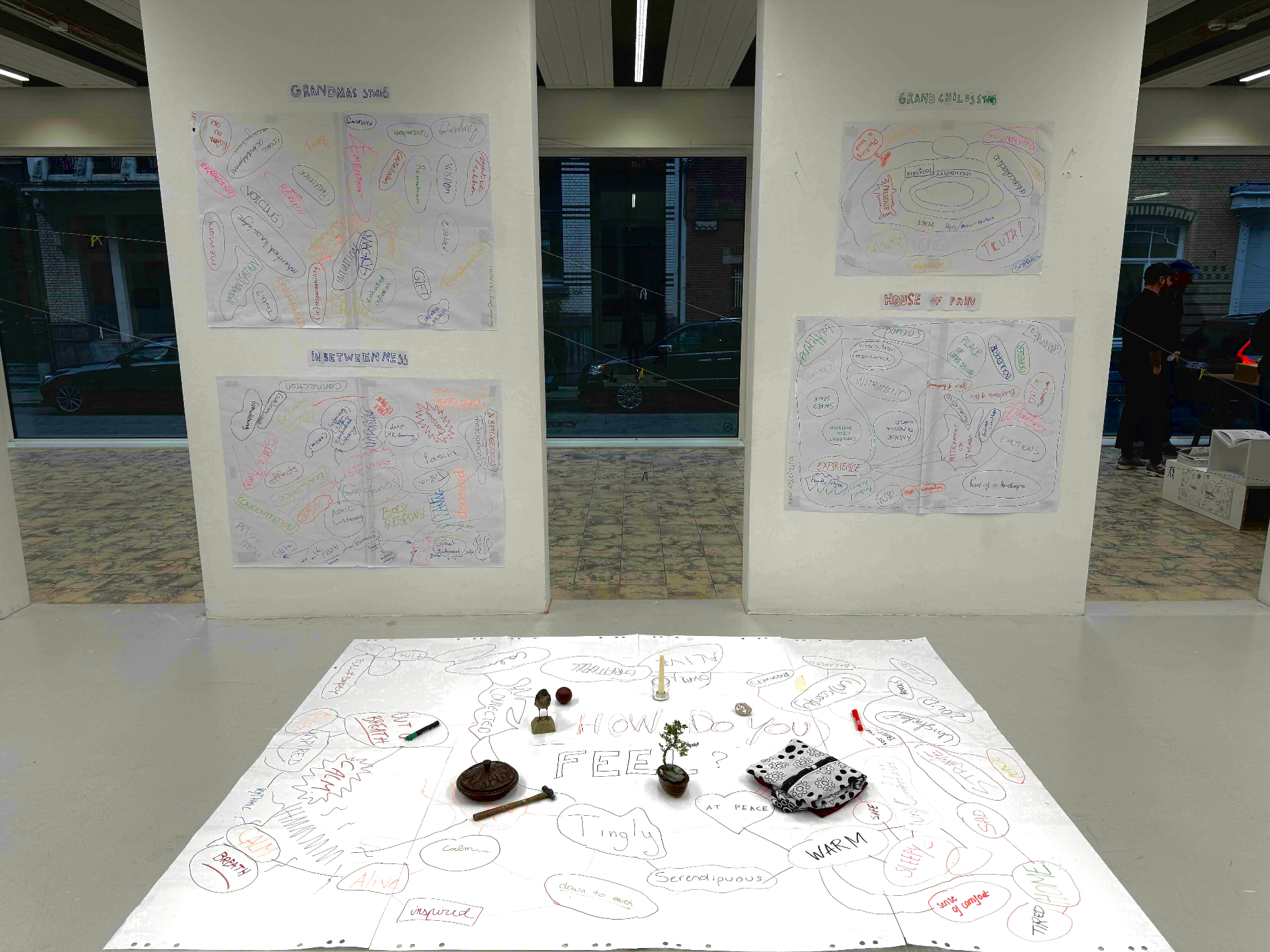 Workshop installation for Wearing Grandma's Velvet Jacket with hand-drawn maps and listening objects