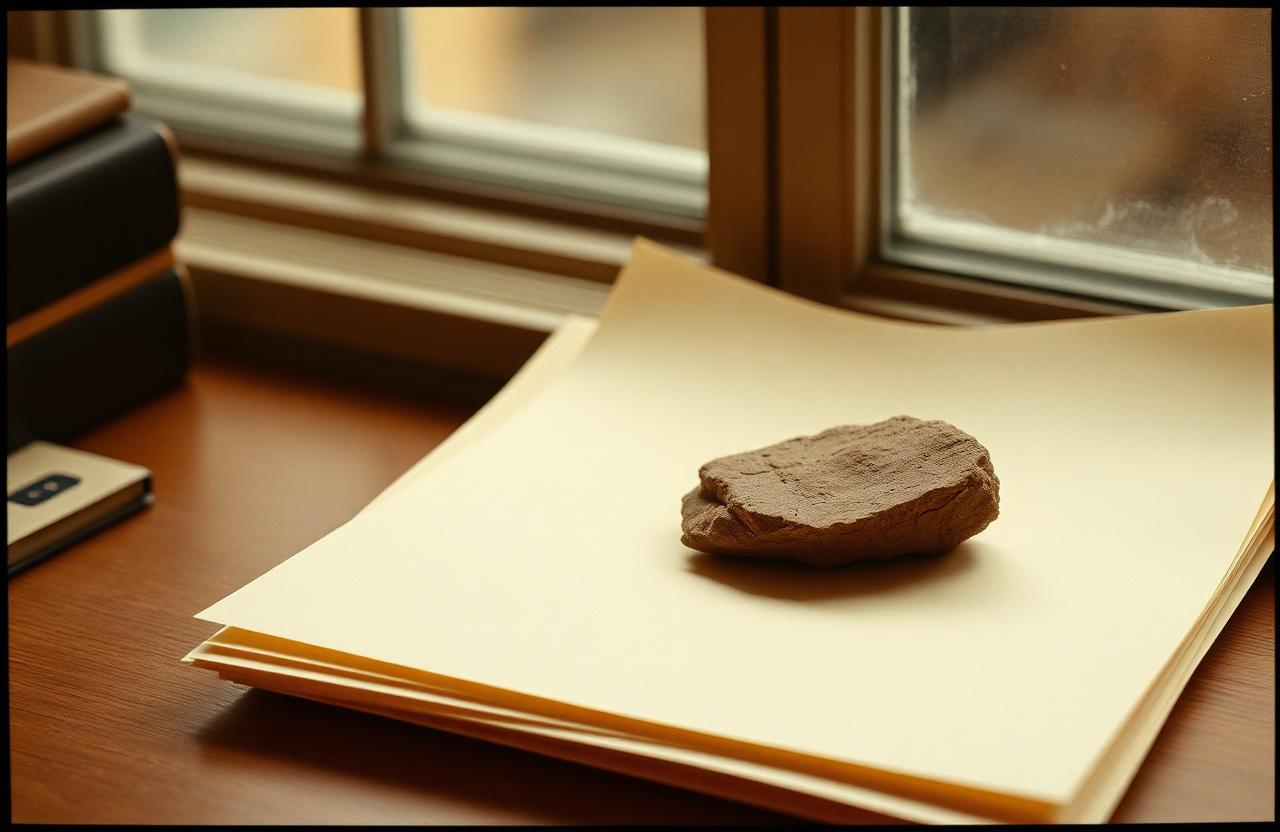 Layered paper sheets weighted by a stone near a window